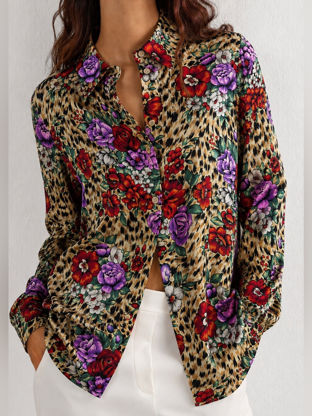 Vintage MODA Int’l 100% Silk Blouse Animal/Floral Print Maximalist Size OS